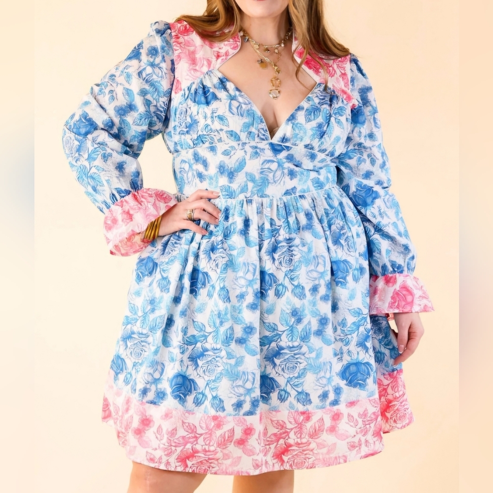 NWT Simply Southern Multi Rose Floral Blue and Pink Women's Dress